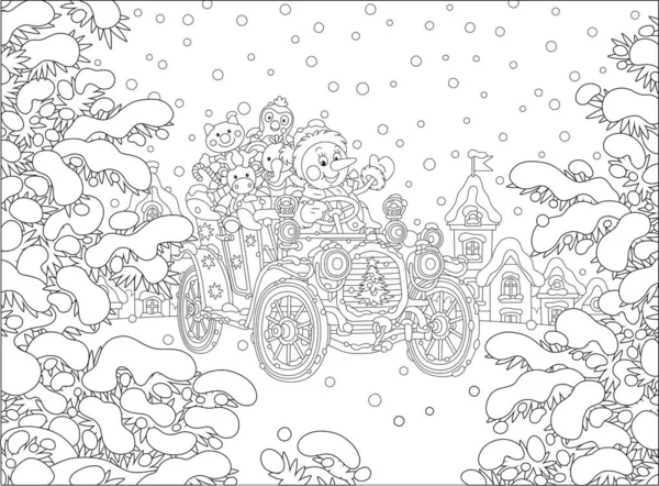 雪に覆われた小さな町 黒と白の輪郭のベクトル漫画のかなりモミの公園で雪の冬の日に小さな子供のための休日の贈り物とおもちゃのレトロな車を運転面白い雪だるま — ストックベクタ