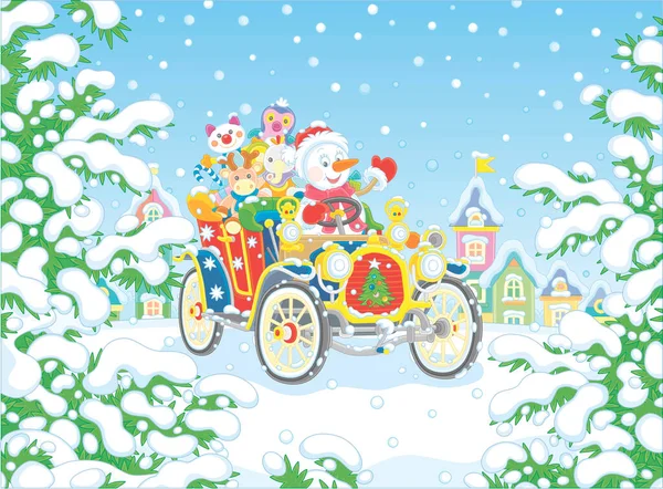 雪に覆われた小さな町の美しいモミの公園で雪の冬の日に小さな子供のための休日の贈り物とカラフルなレトロな車を運転面白い雪だるま ベクトル漫画のイラスト — ストックベクタ