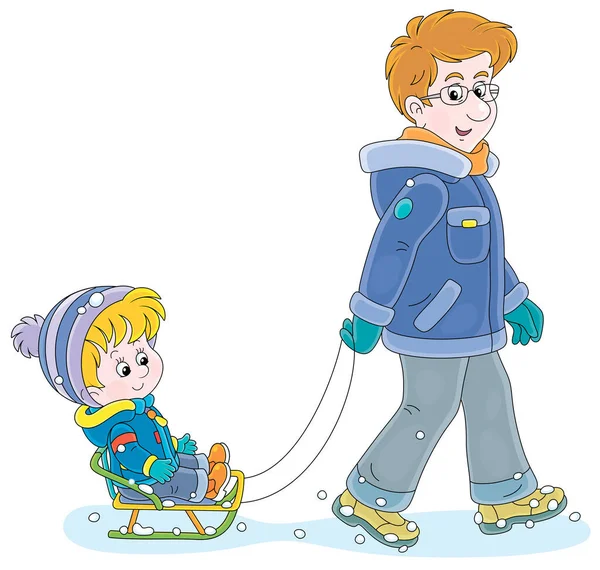 Young Dad Sledding Happy Little Son Snowy Winter Day Vector — Stockový vektor