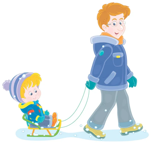 Young Dad Sledding Happy Little Son Snowy Winter Day Vector — Archivo Imágenes Vectoriales