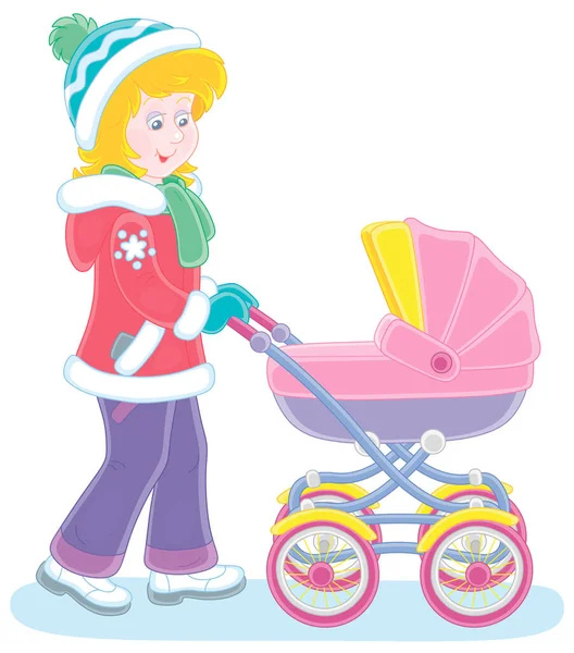 Young Cute Mom Leisurely Walking Her Small Child Sleeping Colorful — Vector de stock