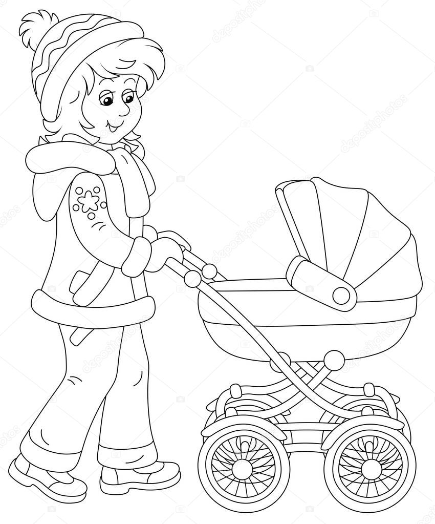 Young cute mom on a leisurely walk with her small child sleeping in a baby carriage on a winter day, black and white outline vector cartoon illustration for a coloring book page