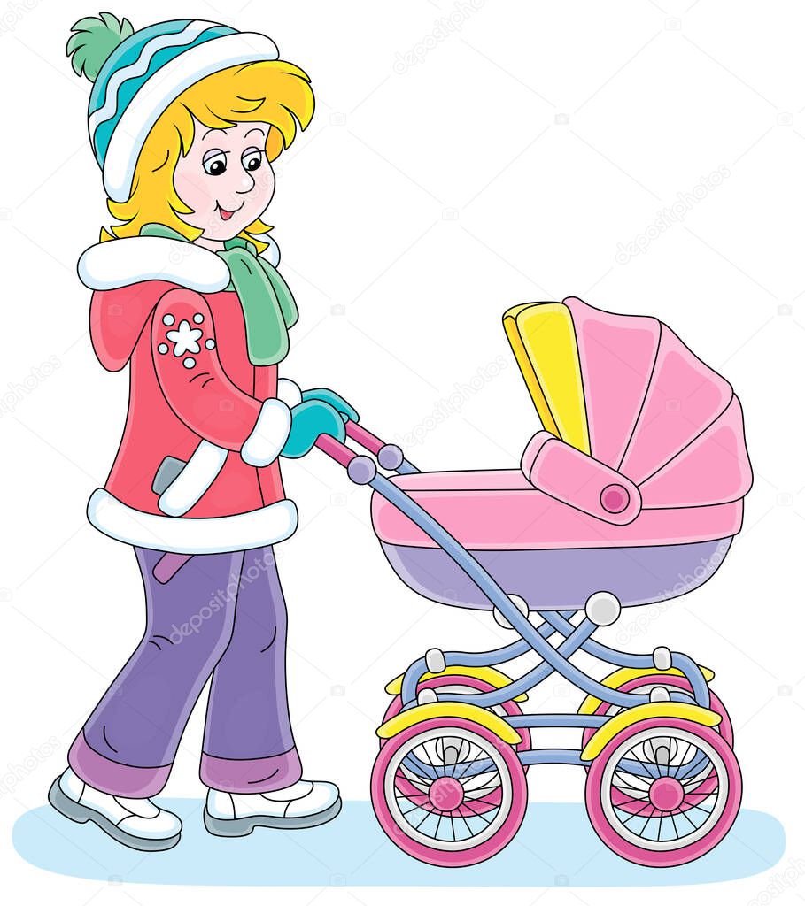 Young cute mom leisurely walking with her small child sleeping in a colorful baby carriage on a winter day, vector cartoon illustration isolated on a white background