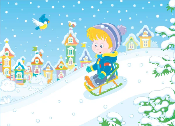 Happy Little Boy Sledding Snow Hill Playground Snowy Park Beautiful — Stockový vektor