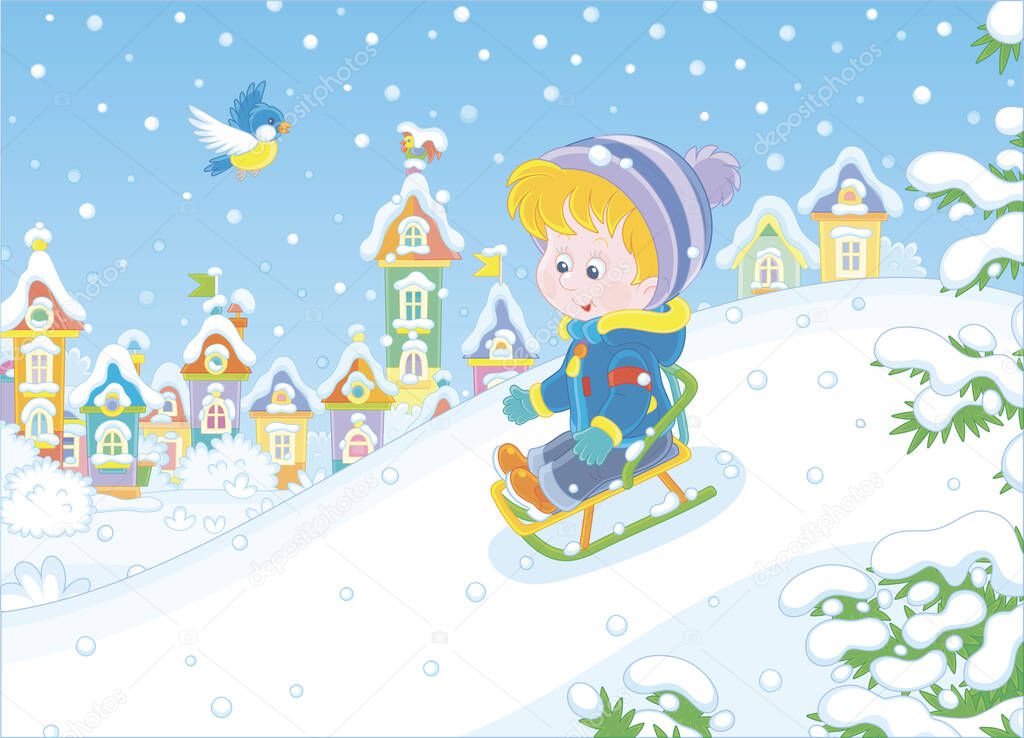 Happy little boy sledding down a snow hill on a playground in a snowy park on a beautiful frosty day on winter holidays, vector cartoon illustration
