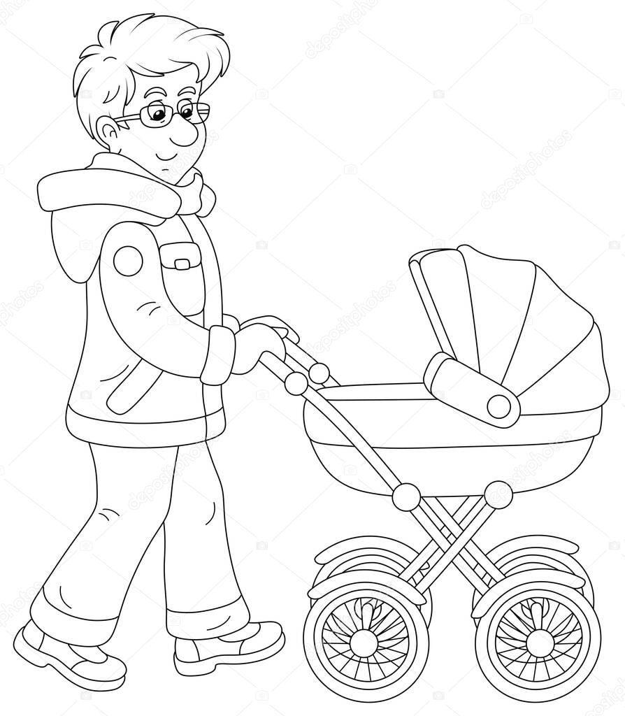 Young dad leisurely walking with his small child sleeping in a baby carriage on a winter day, black and white outline vector cartoon illustration
