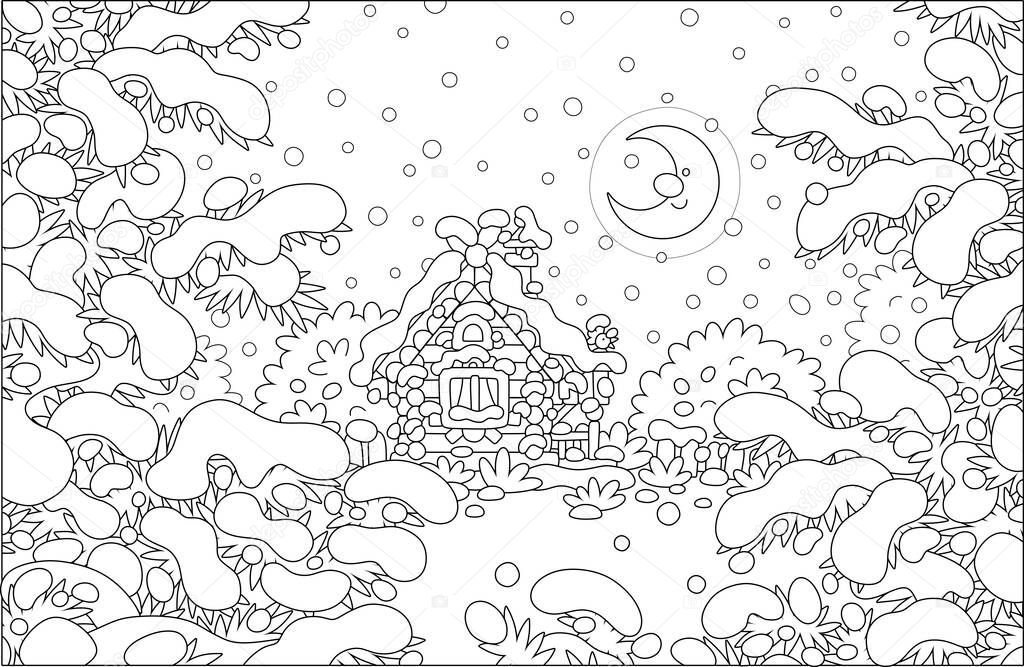 Smiling moon and a decorated small wooden house on a pretty snow-covered forest glade on a snowy and frosty winter night, black and white outline vector cartoon illustration for a coloring book