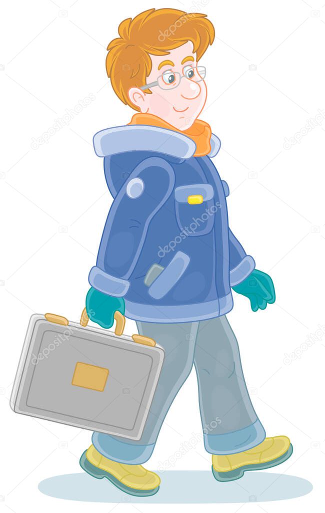 Young man in winter clothes holding a briefcase and walking with vigorous strides in a good mood, vector cartoon illustration on a white background