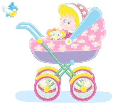 Mutlu küçük çocuk renkli bir bebek arabasında oturuyor ve kış yürüyüşünde uçan küçük bir kuşu izliyor. Beyaz arka planda izole edilmiş vektör karikatür çizimi.