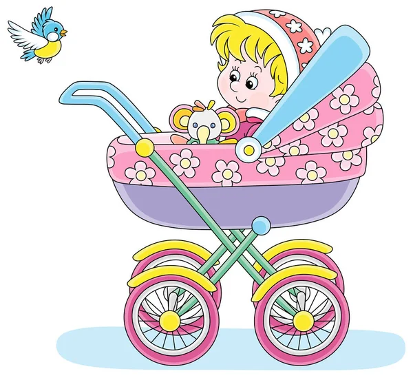 幸せな小さな子供はカラフルな赤ちゃんの馬車に座って 冬の散歩で空飛ぶ小さな鳥を見て 白い背景に隔離されたベクトル漫画のイラスト — ストックベクタ