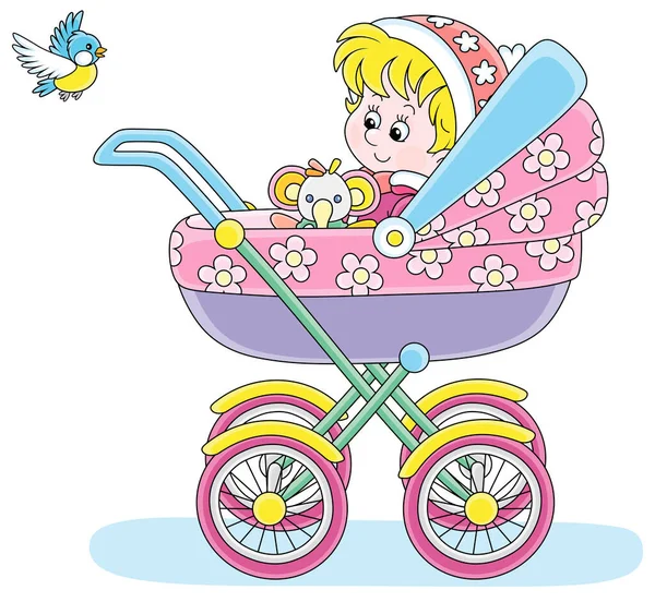 Joyeux Petit Enfant Assis Dans Une Voiture Bébé Colorée Regardant — Image vectorielle