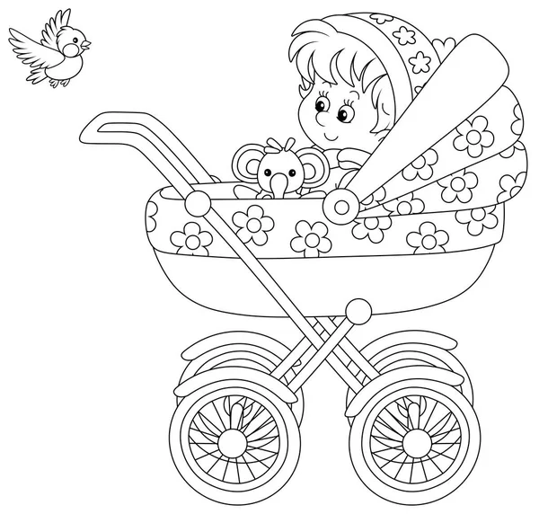 幸せな小さな子供で座っている面白いおもちゃで赤ちゃんの馬車と飛んで小さな鳥を見て 黒と白のアウトラインベクトル漫画イラストのためにA Collering Book Page — ストックベクタ