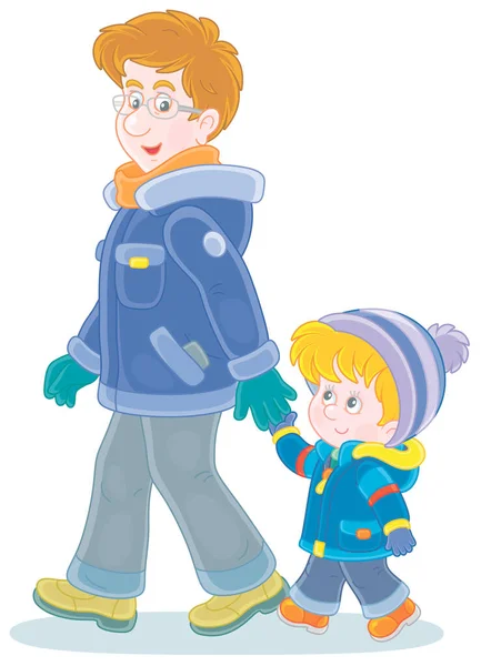 Young Dad His Little Son Friendly Talking Walking Together Hand — Stock Vector
