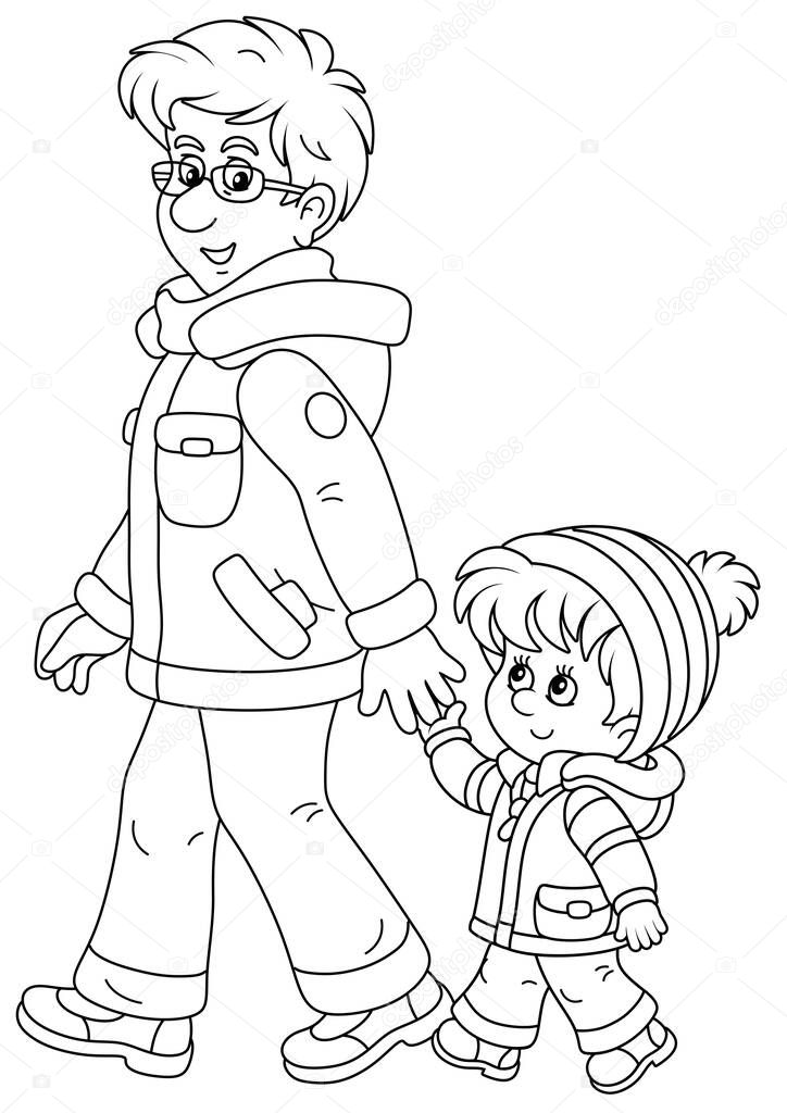 Young dad and his little son friendly talking and walking together hand in hand on a winter stroll, black and white outline vector cartoon illustration for a coloring book page