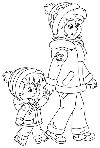若いお母さんと彼女の小さな娘優しい話と一緒に手で冬の散歩 黒と白のアウトラインベクトル漫画イラストのためにA Collering Book Page — ストックベクタ