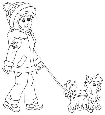 Kışlık giysiler içinde küçük tüylü köpeğini gezdiren tatlı bir kız. Siyah beyaz çizgili vektör çizimi.