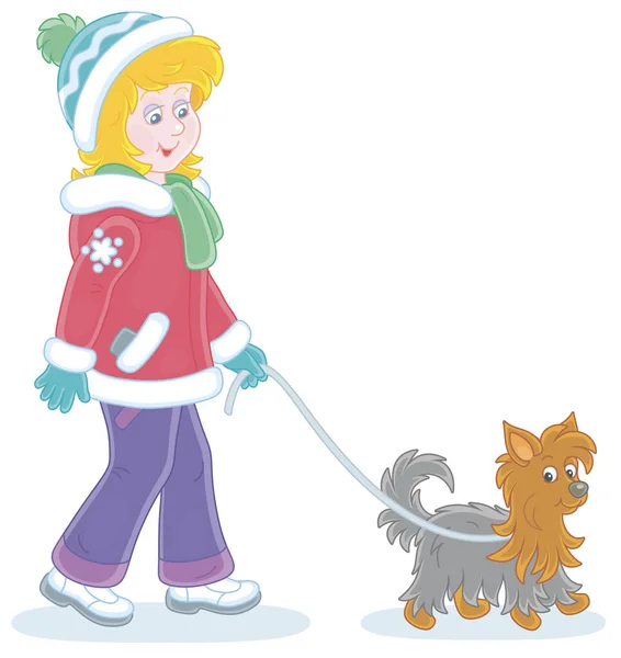 Girl Colorful Winter Clothes Walking Her Small Shaggy Dog Vector — Stock Vector