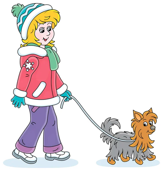 Meisje Kleurrijke Winter Kleding Wandelen Haar Kleine Shaggy Hond Vector — Stockvector