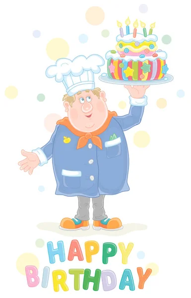 Greeting Birthday Card Happy Fat Confectioner Holding Dish Freshly Baked — Stock Vector