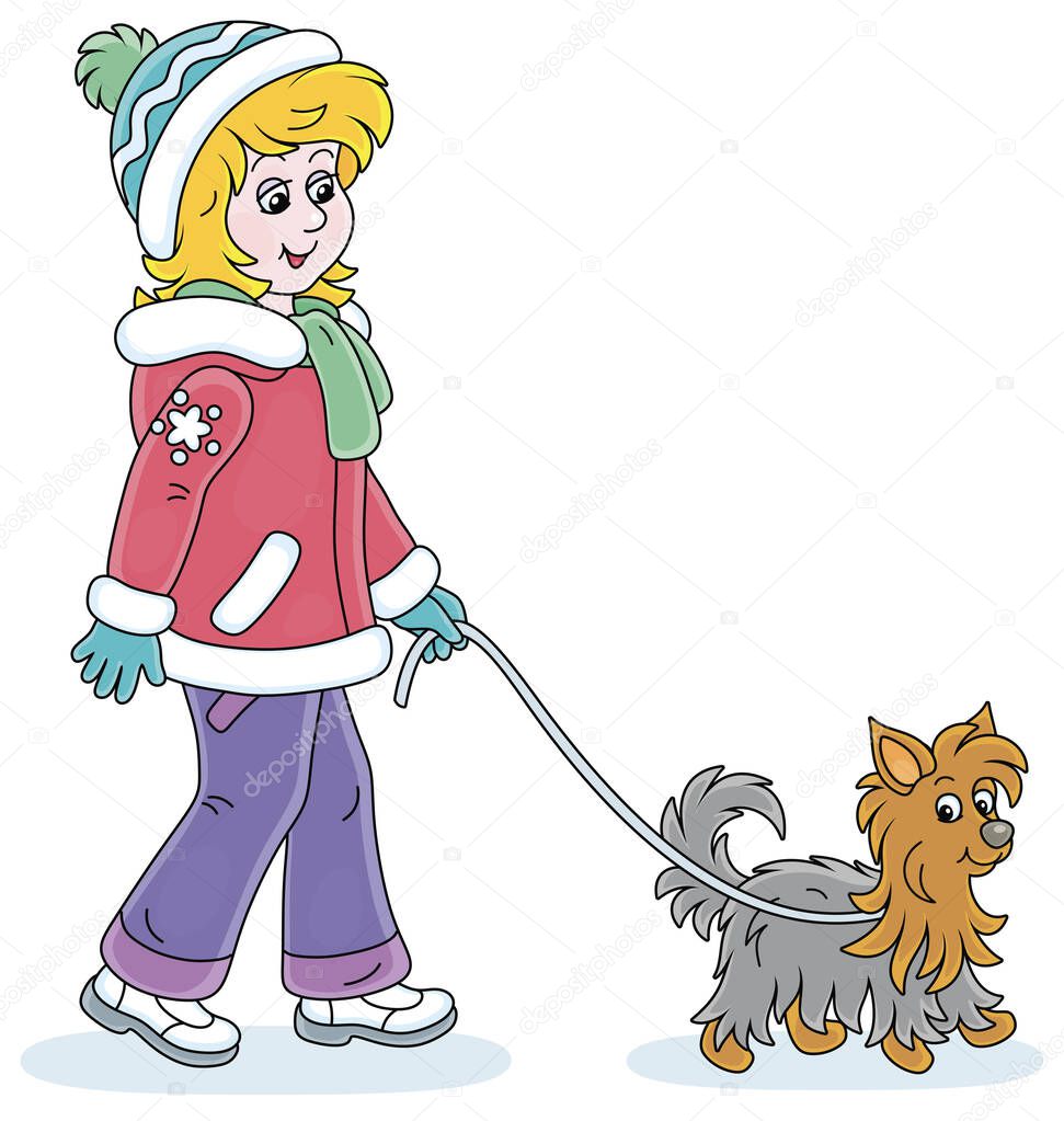 Girl in colorful winter clothes walking her small shaggy dog, vector cartoon illustration on a white background
