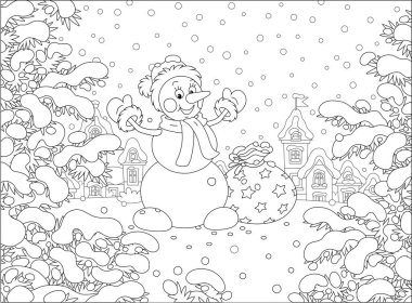 Sıcak şapkalı, eşarplı ve eldivenli güler yüzlü komik kardan adam küçük çocuklar için büyük bir çanta dolusu sihirli yeni yıl hediyesi getirdi. Karlı bir kış gününde, siyah beyaz vektör çizgi filmi.