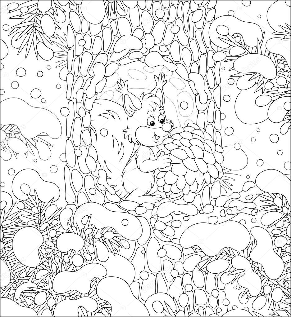 Fluffy little squirrel with a big pine cone at home in a cozy hollow on a snow-covered tree in a thicket of a snowy wild forest on a cold winter day, black and white vector cartoon