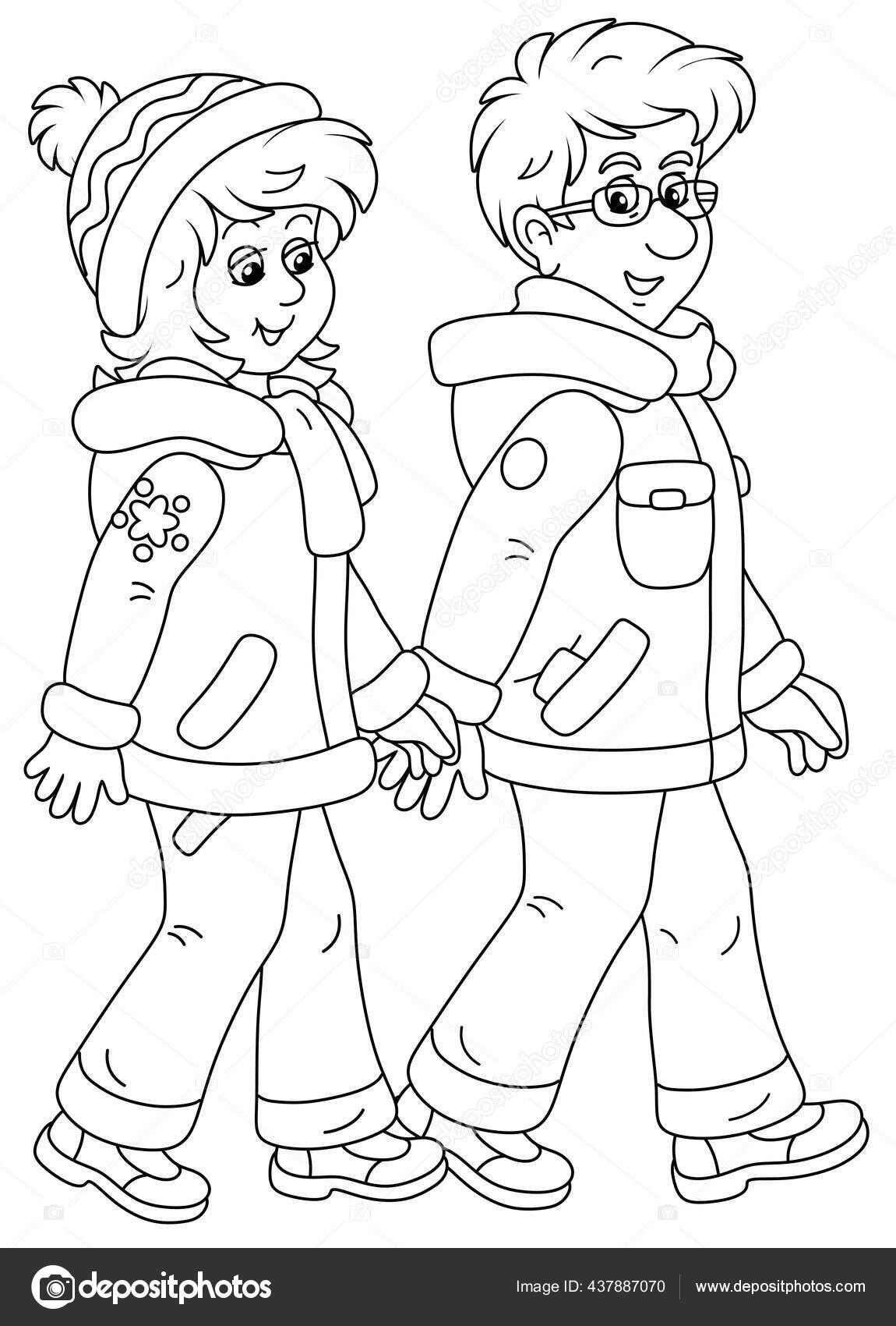 Joven Hombre Mujer Amable Sonriendo Hablando Caminando Juntos Mano Paseo  Vector de stock #437887070 de ©AlexBannykh, image size:1150x1700