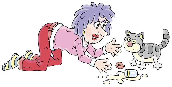 快乐的年轻女子 头发染得发亮 与一只滑稽的胖胖的条纹猫玩耍 白色背景上孤立的病媒卡通画 — 图库矢量图片