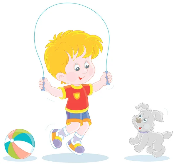 Happy Little Boy Jumping Rope His Small Cute Pup Vector — Stock Vector