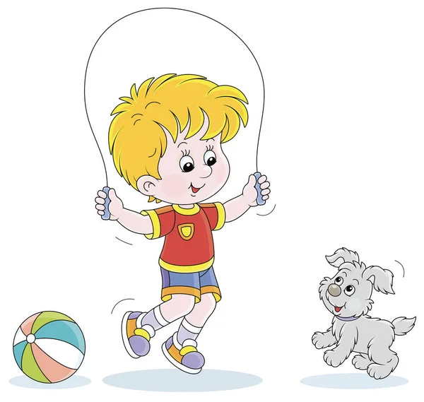 Happy Little Boy Jumping Rope His Small Cute Pup Vector — Stock Vector