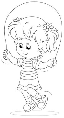 Hafif yaz kıyafetleri içinde komik küçük kız, gülümseyen ve eğlenceli atlama ipi, boyama kitabı sayfası için siyah ve beyaz ana hatlı vektör çizimi