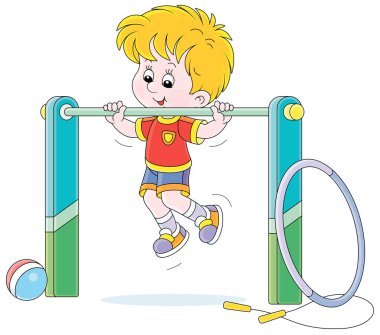 Neşeli küçük çocuk spor salonunun yatay spor barında kendini yukarı çekiyor. Beyaz arka planda izole edilmiş vektör çizgi film çizimi.