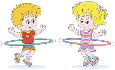 Renkli spor kıyafetleri içinde neşeli küçük çocuklar jimnastik dersinde çemberler çeviriyor. Beyaz arka planda izole edilmiş vektör çizgi film çizimleri.