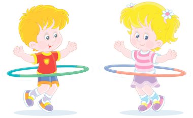 Renkli spor kıyafetleri içinde neşeli küçük çocuklar jimnastik dersinde çemberler çeviriyor. Beyaz arka planda izole edilmiş vektör çizgi film çizimleri.