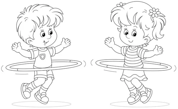 Cheerful Cute Little Kids Sport Clothes Playing Fun Spinning Hoops — Stock Vector