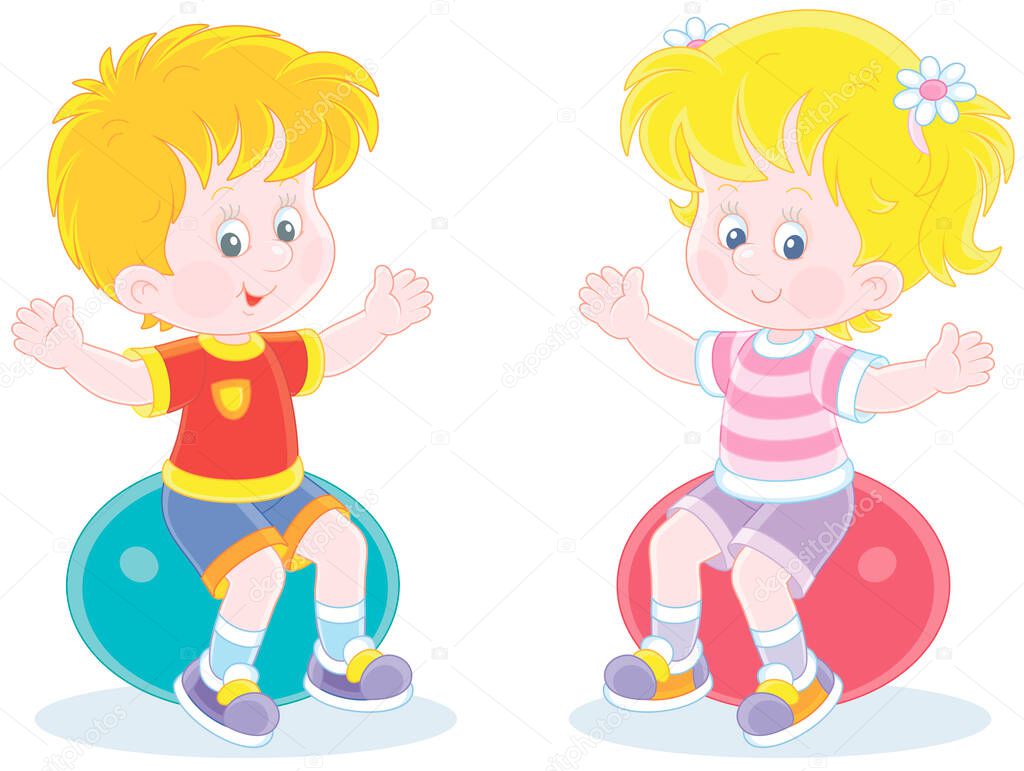 Cheerful cute little kids in colorful sport clothes doing exercises on big fitness balls in a gymnastic lesson, vector cartoon illustration isolated on a white background