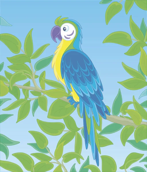 カラフルなオウムのマコウ 長い尾と鮮やかな色の羽毛で 熱帯のジャングル 野生の風景 ベクトル漫画のイラストで緑の木の枝に覆われました — ストックベクタ