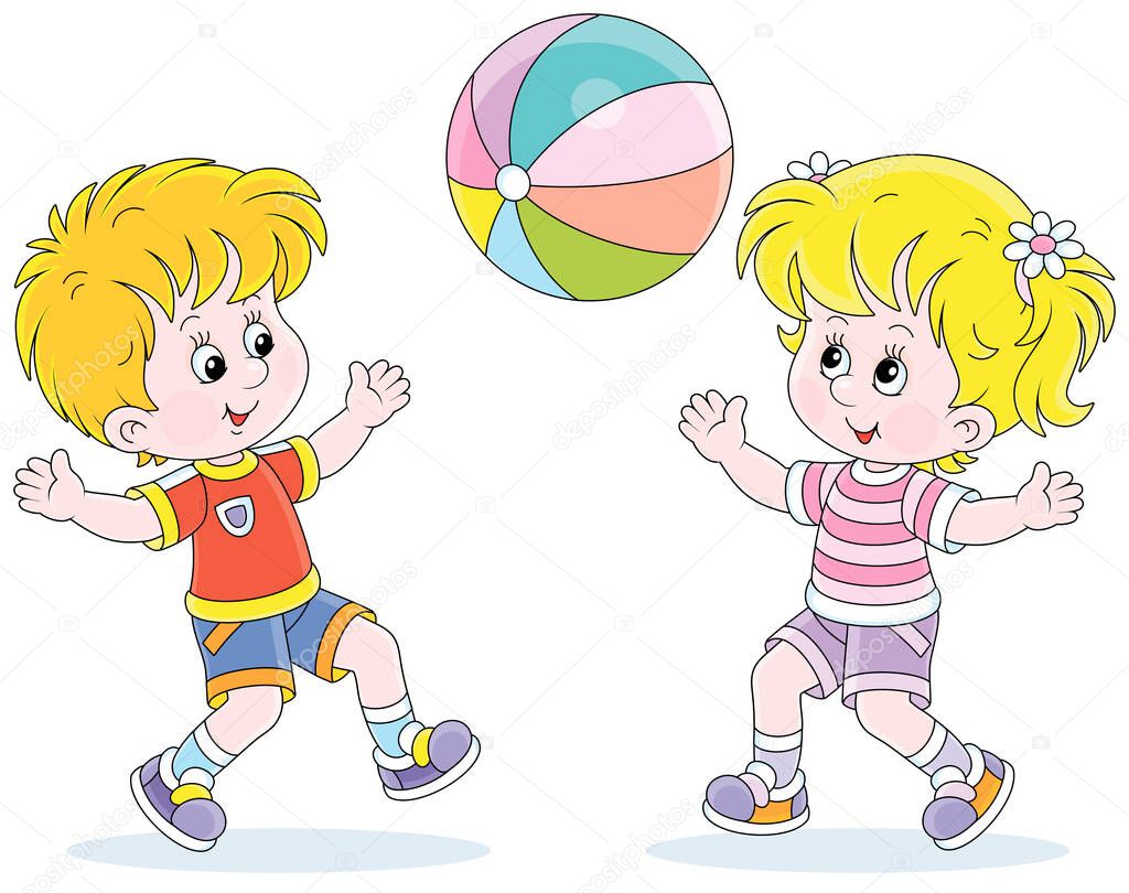 Happy little kids playing, running and catching a big colorful ball on a playground, vector cartoon illustration isolated on a white background