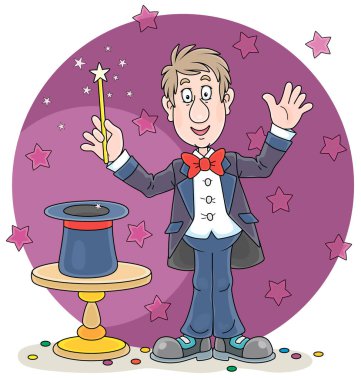 Sihirbaz sihirbaz sihirbaz sihirbazlık numaraları yapıyor ve gizemli şapkasının üstünde sihirli bir değnek sallıyor. Beyaz arka planda izole edilmiş vektör karikatür çizimi.