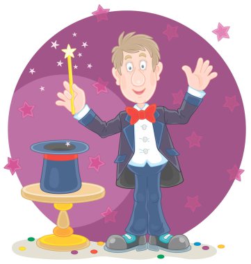 Sihirbaz sihirbaz sihirbaz sihirbazlık numaraları yapıyor ve gizemli şapkasının üstünde sihirli bir değnek sallıyor. Beyaz arka planda izole edilmiş vektör karikatür çizimi.