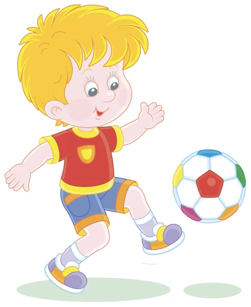 Little Football Player Kicking Colorful Ball Match Training Sports Field — Stock Vector