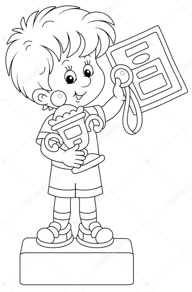 Happy little champion holding a medal and a prize cup of a winner and standing on a podium of competitions at an award ceremony, black and white outline vector cartoon illustration