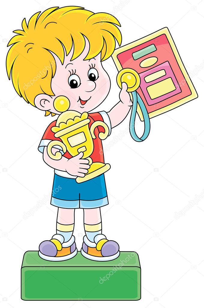 Happy little champion holding a gold medal and a prize cup of a winner and standing on a podium of competitions at an award ceremony, vector cartoon illustration isolated on a white background