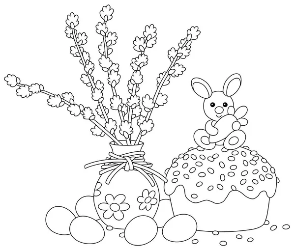 小さなキャンディーウサギがおいしいニンジンを保持しているファンシー甘いケーキ 黒と白の輪郭の漫画のイラストで花とイースターの卵と柳の枝を描きました — ストックベクタ
