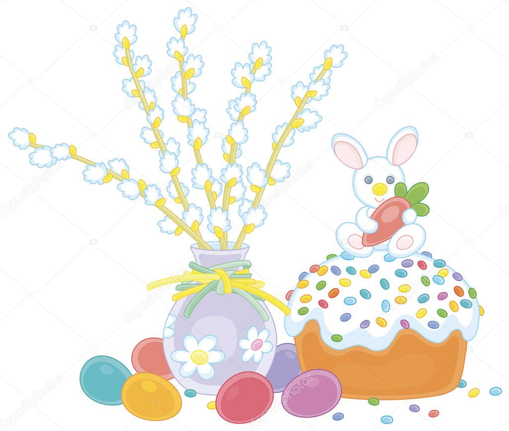 Fancy sweet cake with a small candy rabbit holding a tasty carrot, colorfully painted Easter eggs and willow branches with flowers in a vase, vector cartoon illustration