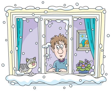 Soğuk bir kış gününde, kedisi ile yürüyen ve karlı bir pencereden dışarı bakan komik genç bir adam, beyaz arka planda vektör karikatür çizimi