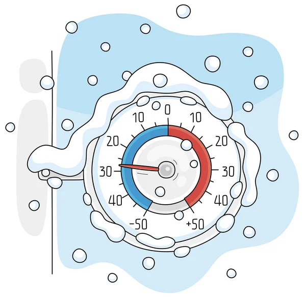 Runda Fönster Termometer Frostig Och Snöig Vinterdag Vektor Tecknad Illustration — Stock vektor