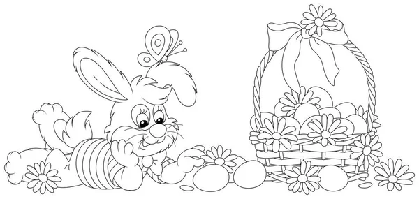 Happy Little Bunny Wicker Basket Easter Eggs Decorated Flowers Ribbon — Stockvector