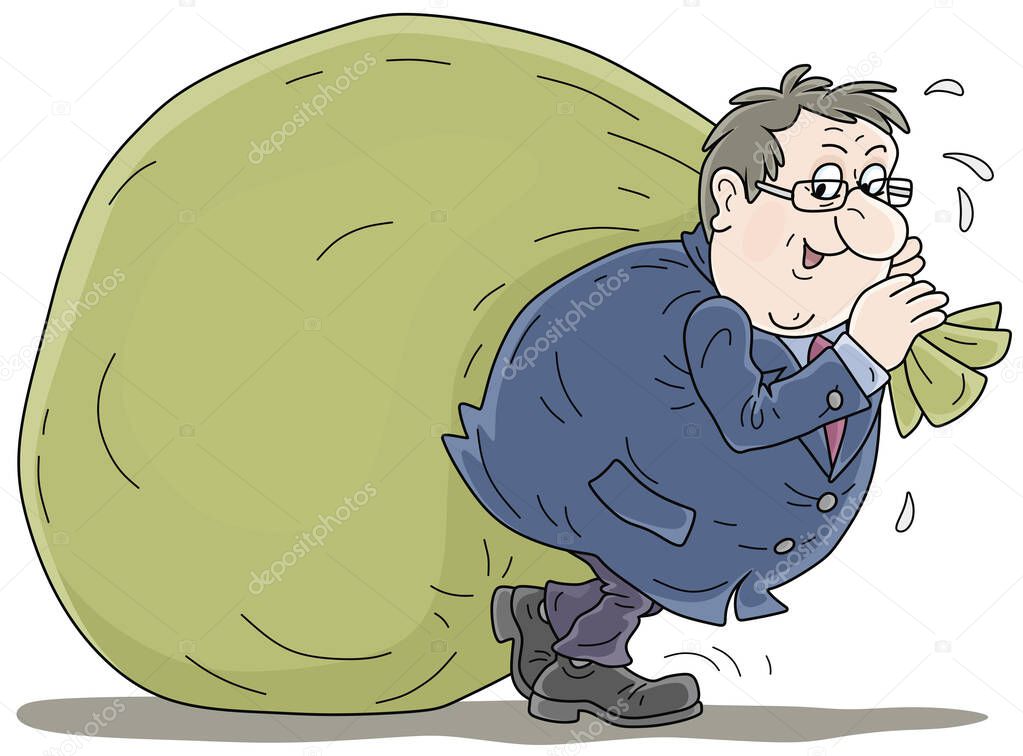 Fat corrupt official pulling a big bag full of money, vector cartoon illustration on a white background