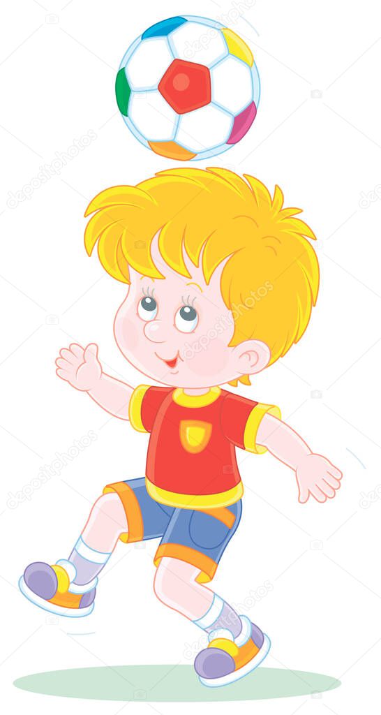 Little football player juggling a colorful ball at a match or training on a sports field, vector cartoon illustration isolated on a white background